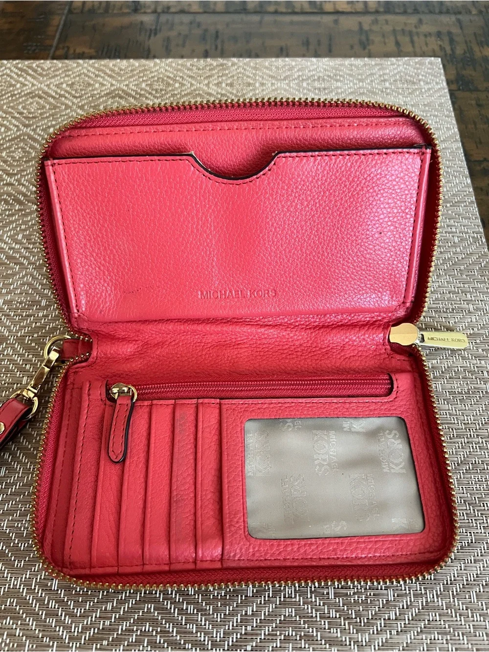Michael Kors Fulton Pinkish Red Zip Around Leather Phone Case Wristlet Wallet